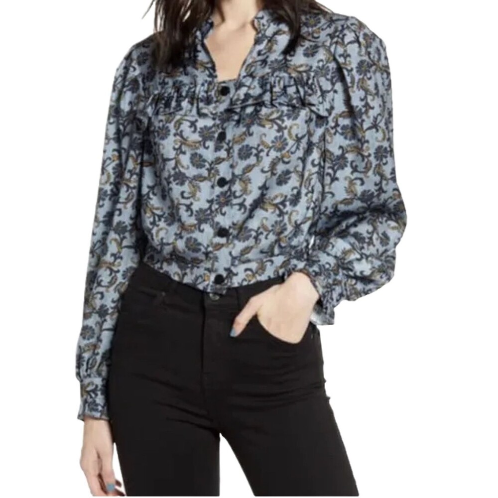 Topshop CROP BLOUSE paisley Frill In Blue Long Sleeve Boho Size 4